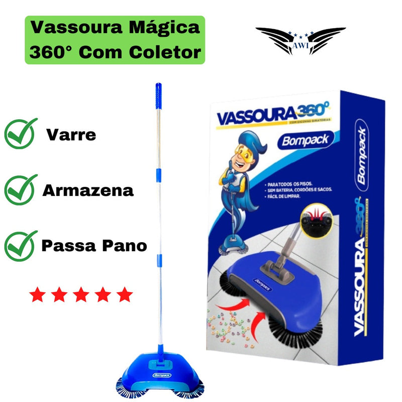 Vassoura 3 em 1 SmartClean 360° | Varre, Armazena e Passa Pano